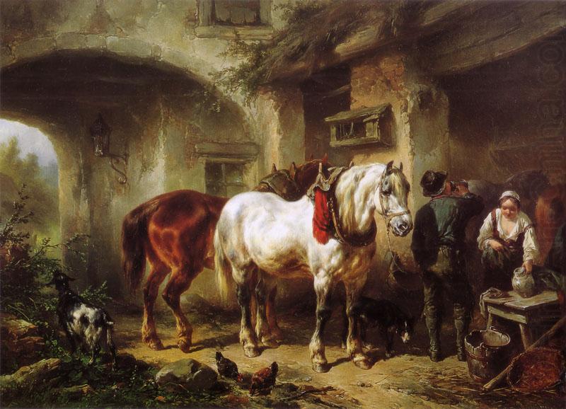 Horses and people in a courtyard, Wouterus Verschuur